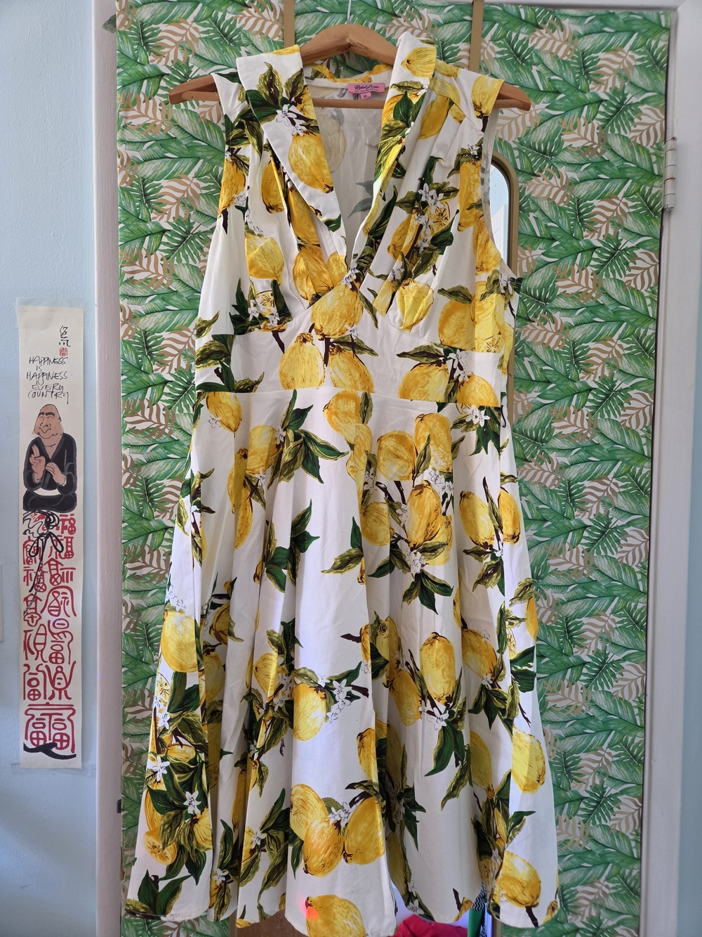 Vintage Sleeveless Lemon Print V-Neck Sundress - White & Yellow